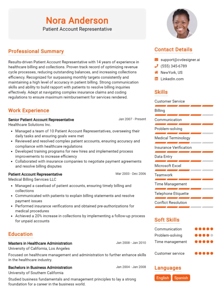 Patient Account Representative CV Example For 2025: Ultimate Guide