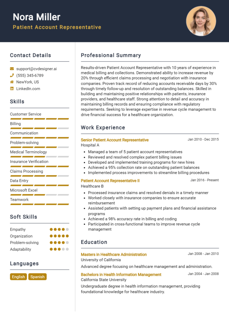 Patient Account Representative Resume Example for 2025: Best Formatting Tips