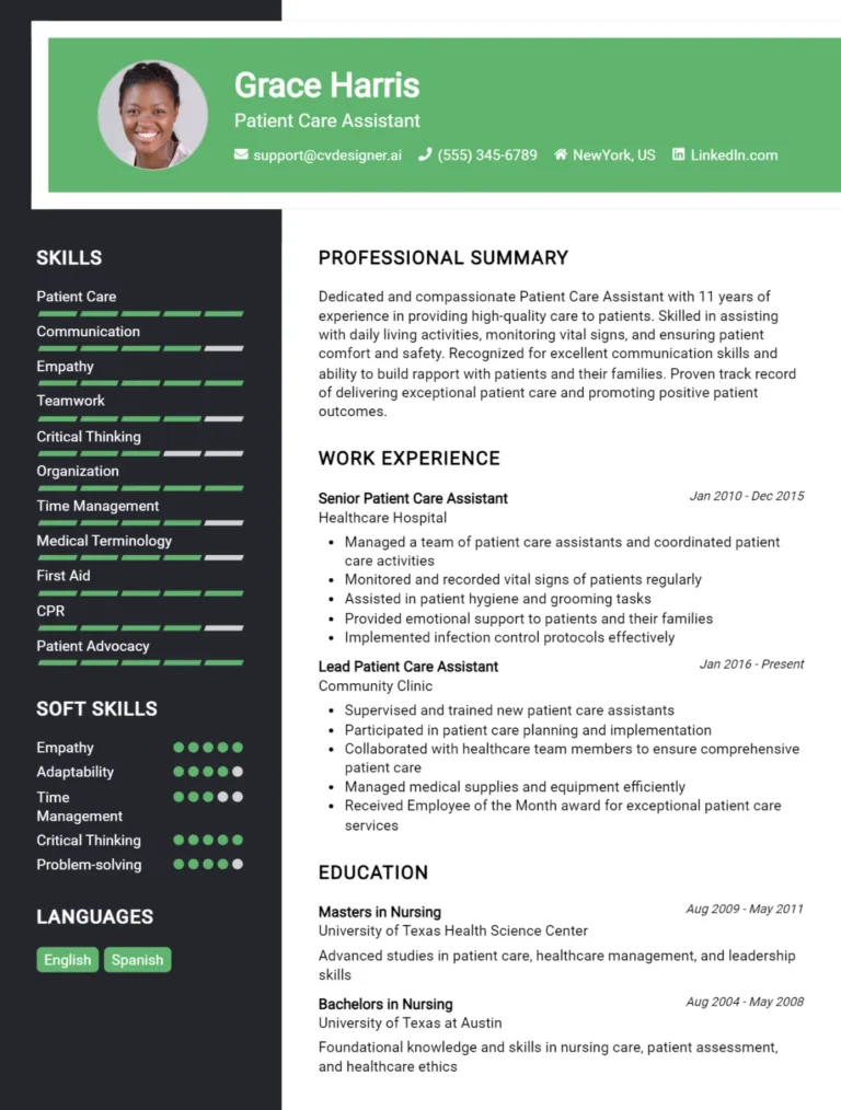 Patient Care Assistant CV Example For 2025: Samples & Best Practices
