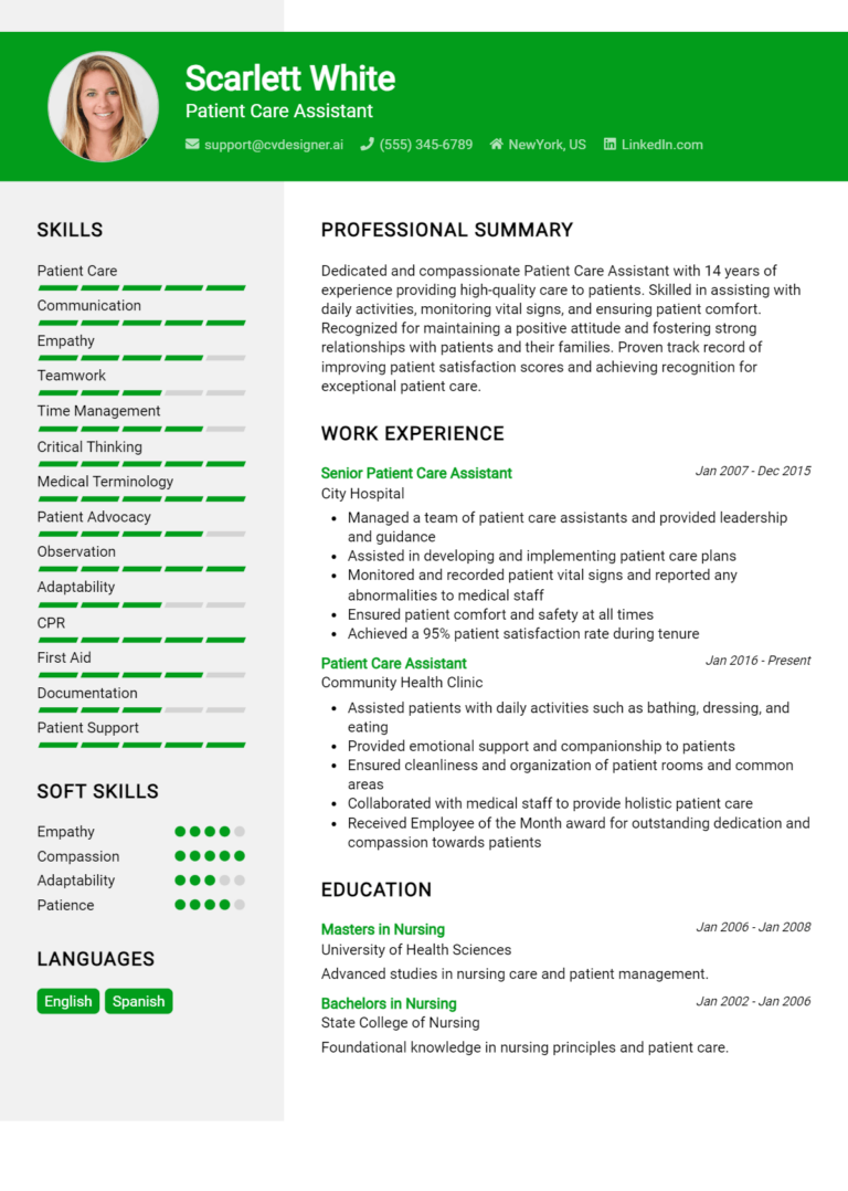 Patient Care Assistant Resume Example for 2025: Samples & Best Practices
