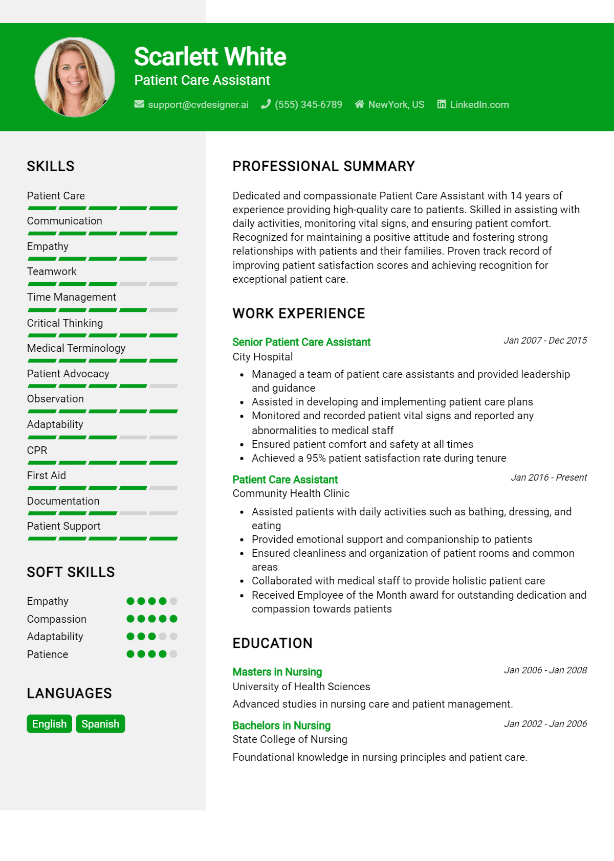 Patient Care Assistant Resume Example