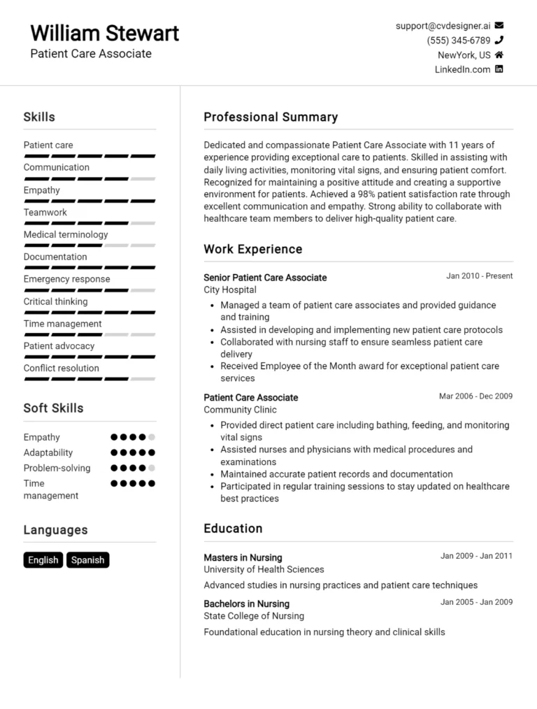 Patient Care Associate CV Example For 2025: How to Craft a Winning CV