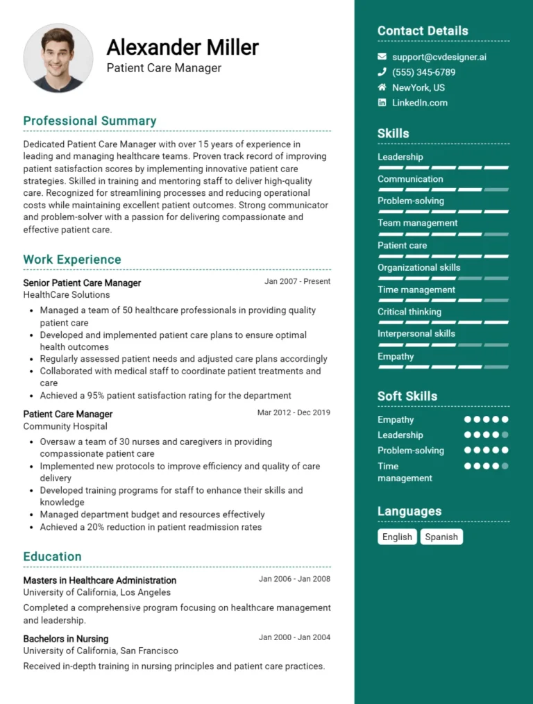 Patient Care Manager CV Example For 2025: Best Formatting Tips