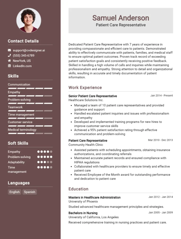 Patient Care Representative CV Example For 2025: Examples & Free Templates