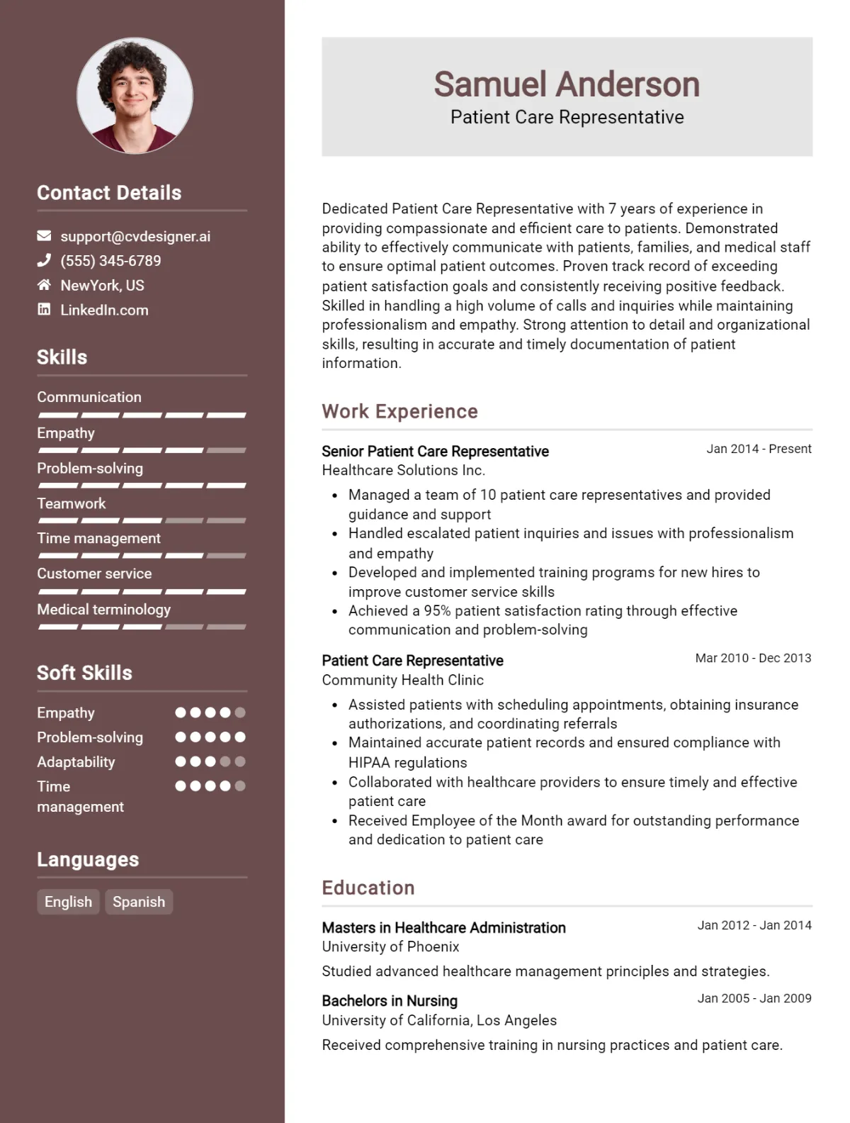 Patient Care Representative CV Example