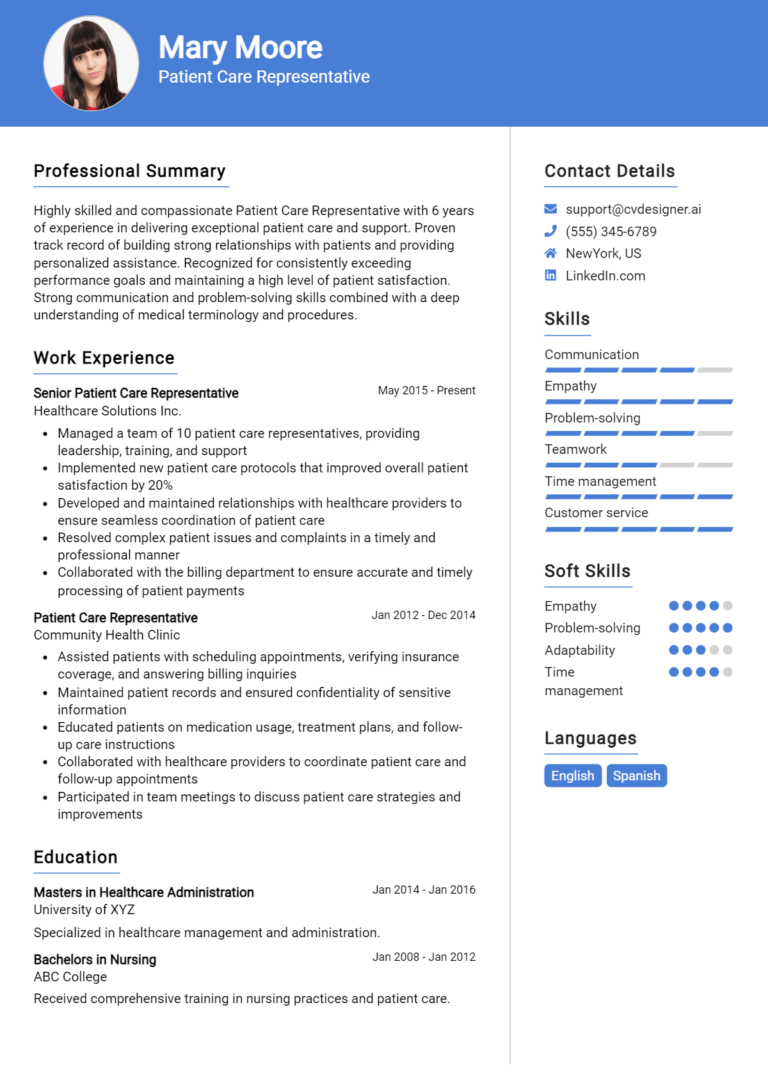 Patient Care Representative Resume Example for 2025: Best Tips & Templates