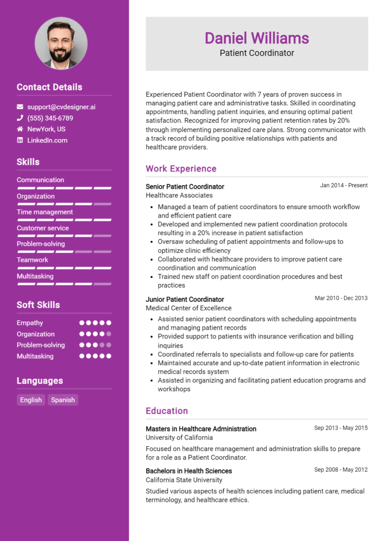Patient Coordinator Resume Example for 2025: Tips & Templates