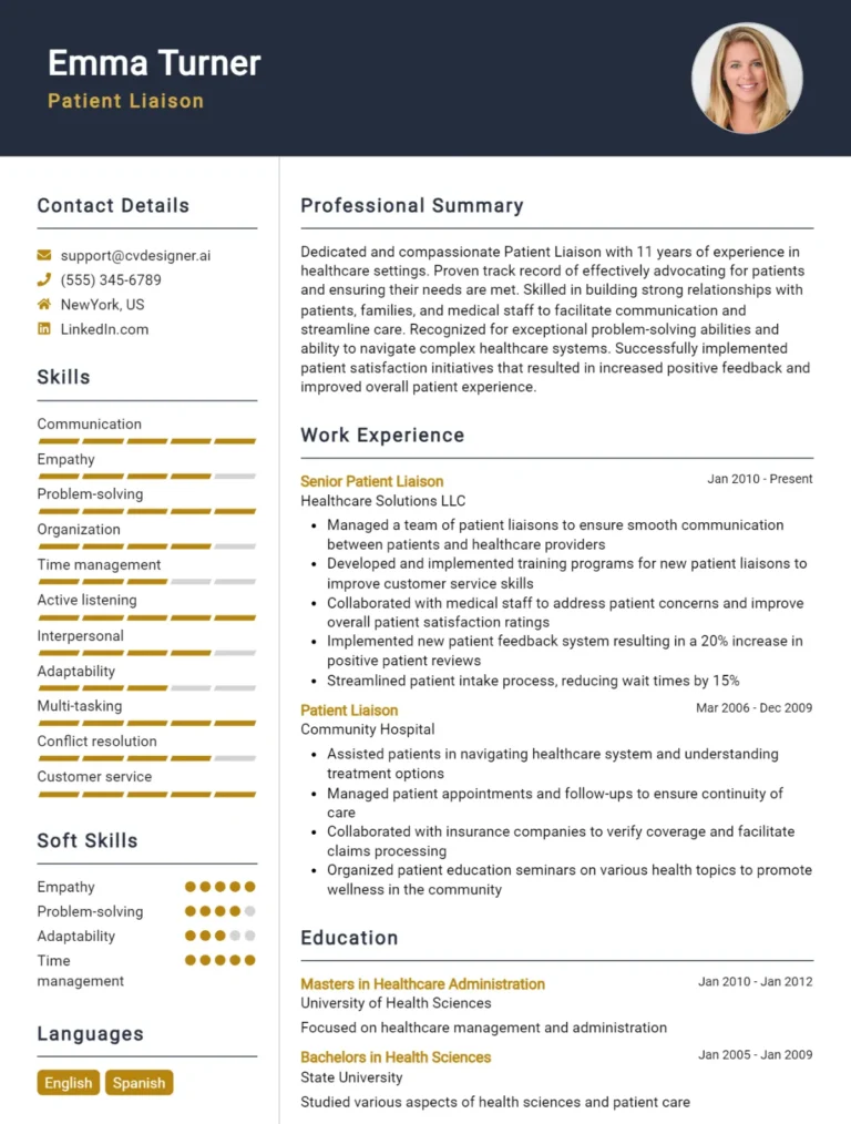 Patient Liaison CV Example For 2025: Free Downloadable Templates