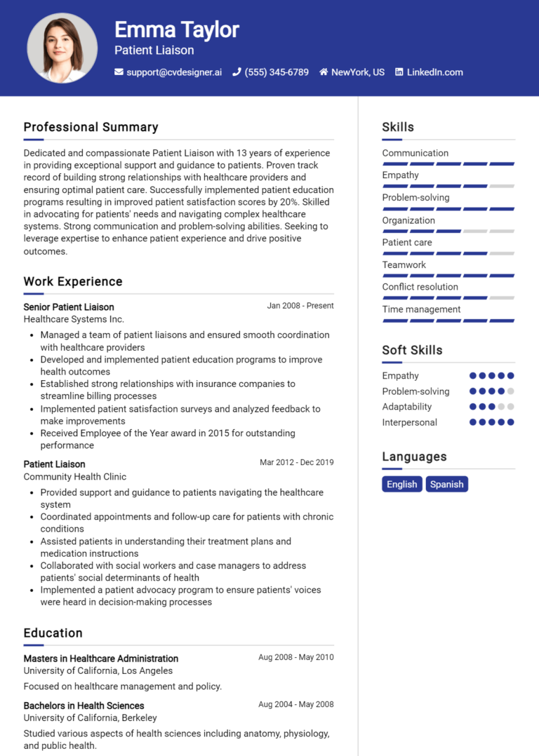 Patient Liaison Resume Example for 2025: Free Professional Templates