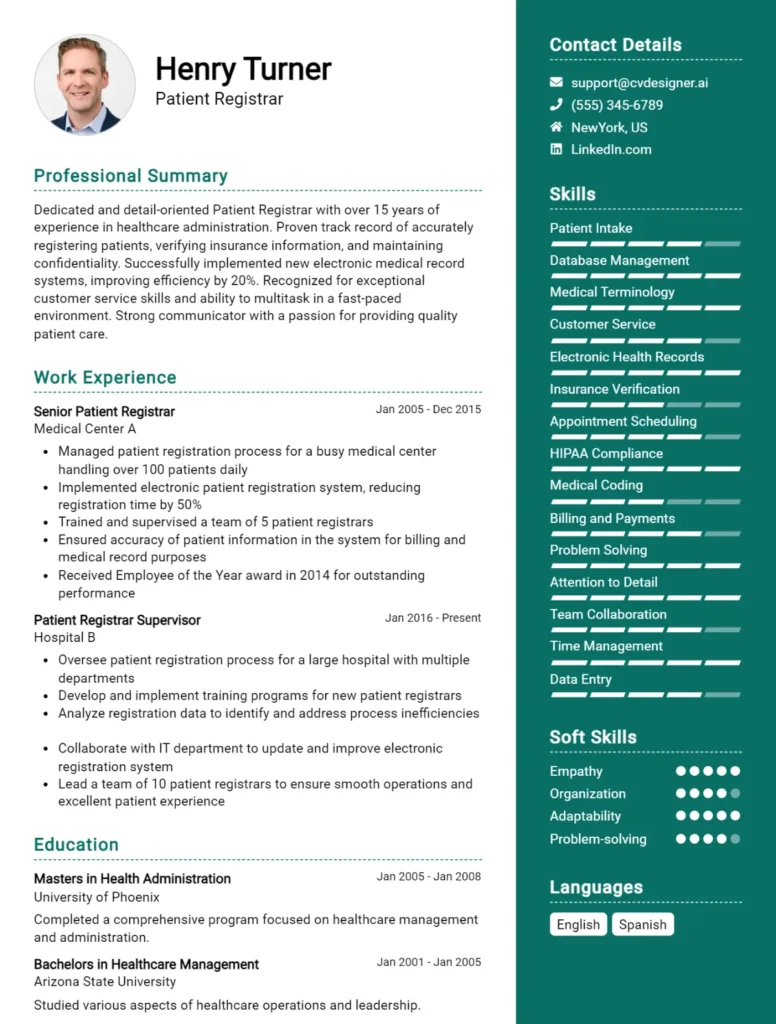 Patient Registrar CV Example