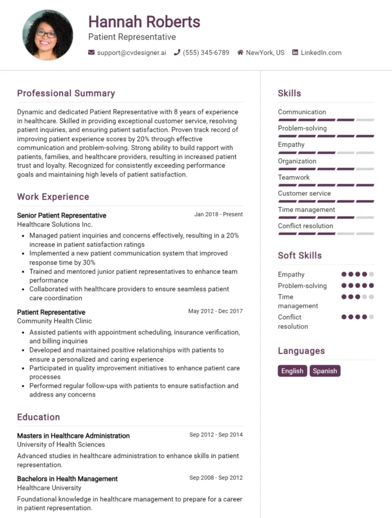 Patient Representative CV Example For 2025: Free Professional Templates