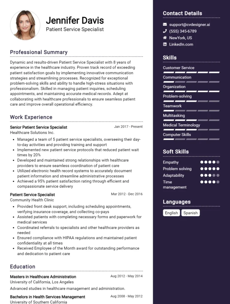 Patient Service Specialist CV Example For 2025: Best Tips & Templates