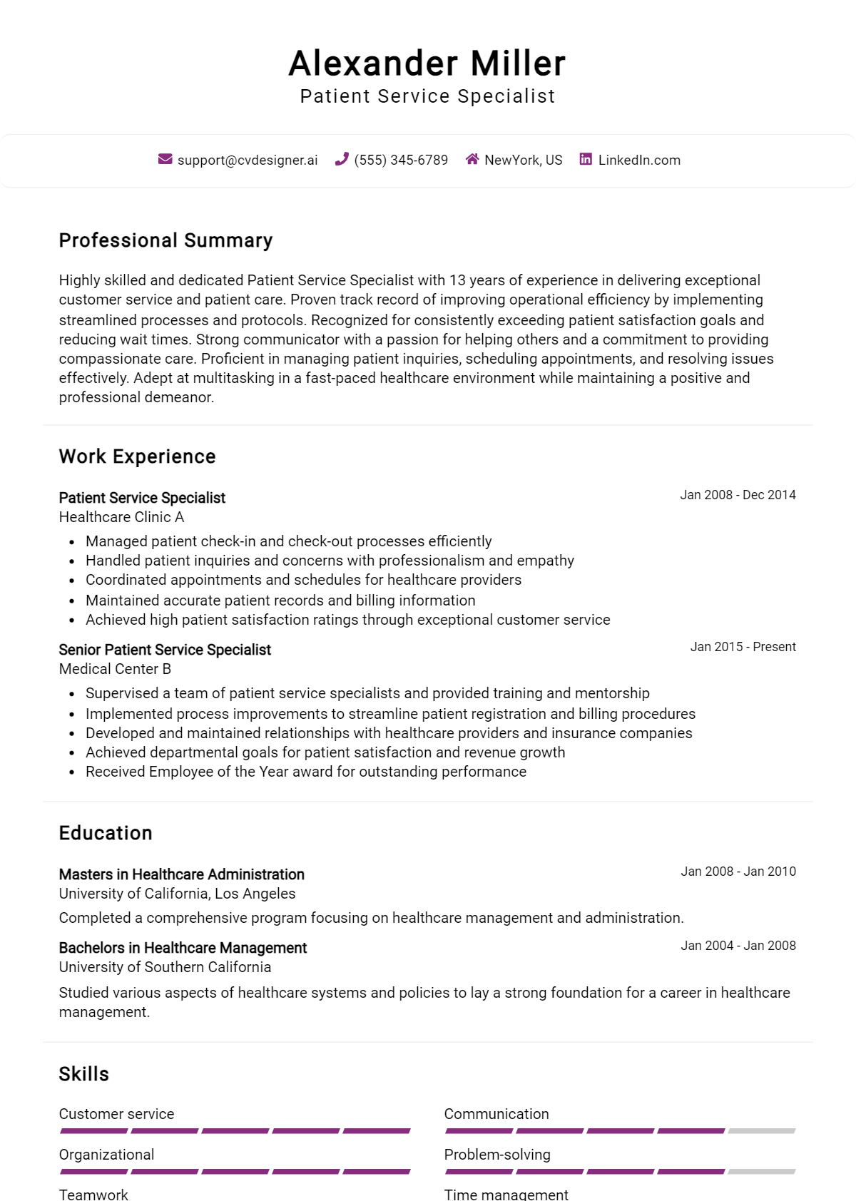 Patient Service Specialist Resume Example