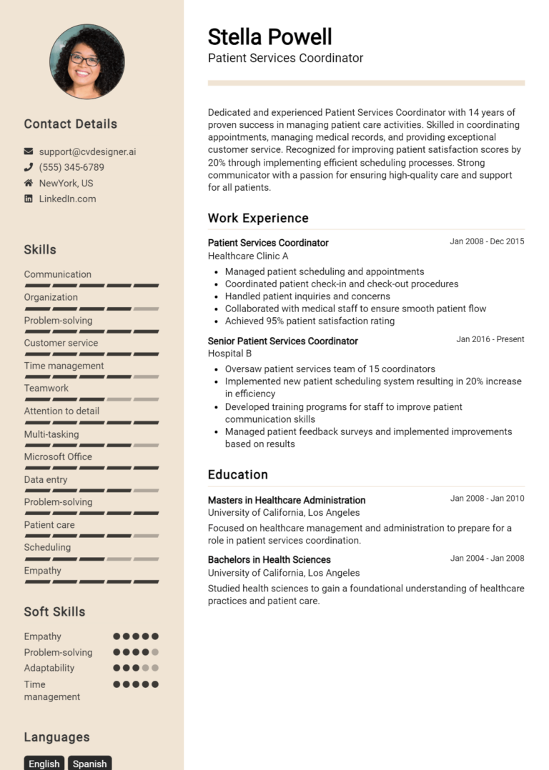 Patient Services Coordinator Resume Example for 2025: Samples & Best Practices