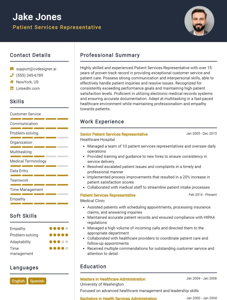 Patient Services Representative CV Example For 2025: Professional CV Templates