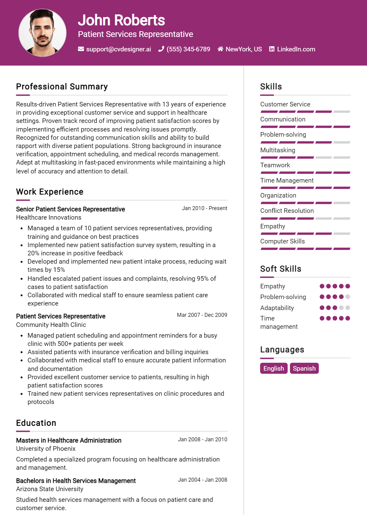 Patient Services Representative Resume Example