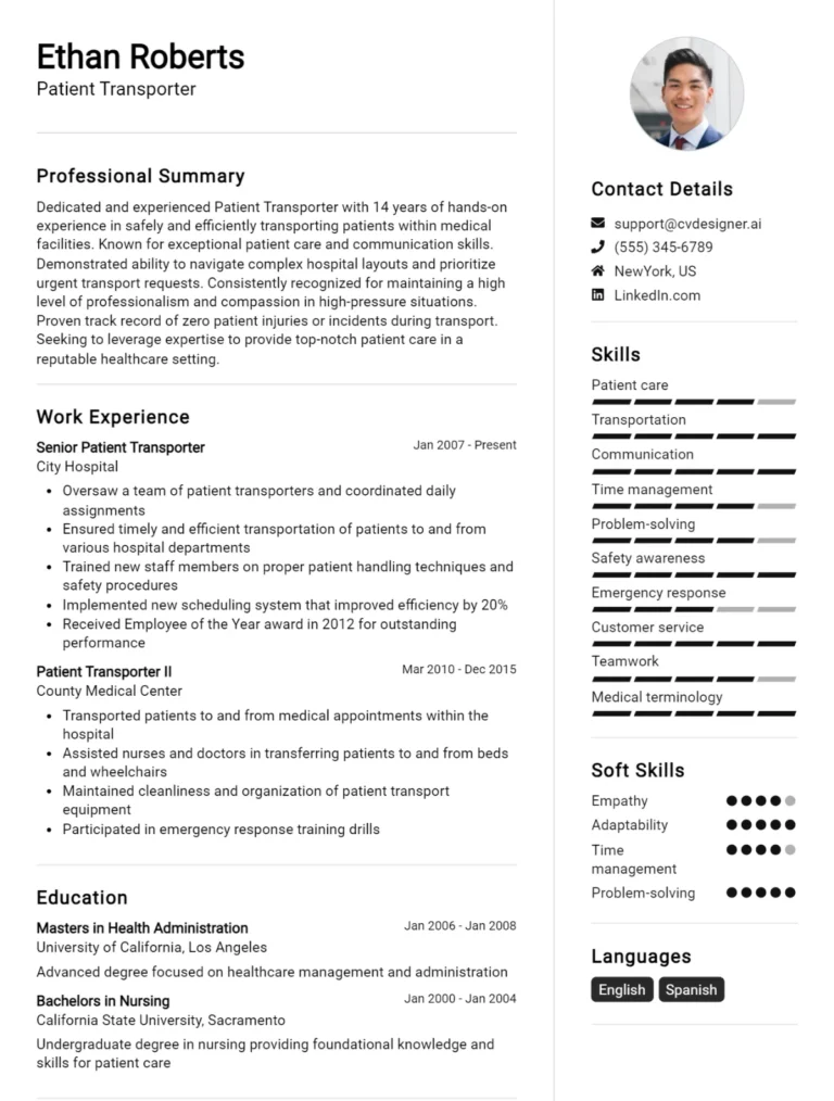 Patient Transporter CV Example For 2025: Best Tips & Templates