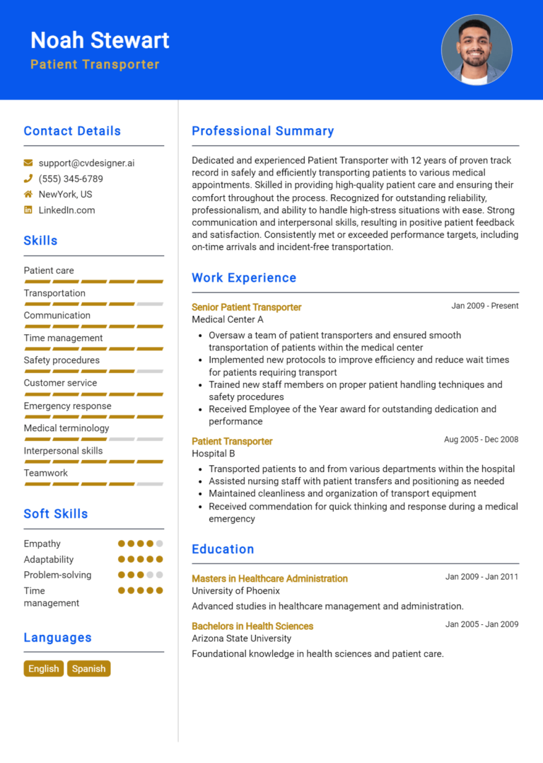 Patient Transporter Resume Example for 2025: Best Tips & Templates