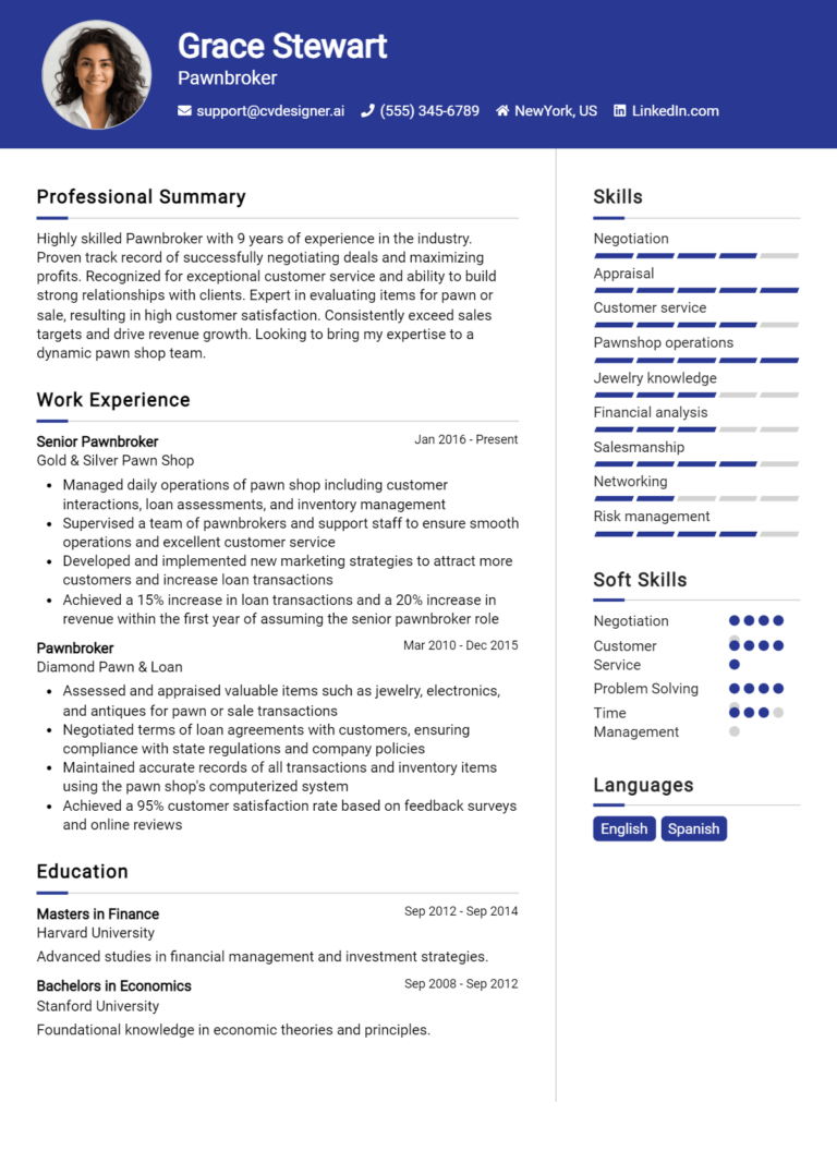 Pawnbroker Resume Example for 2025: Free Downloadable Templates