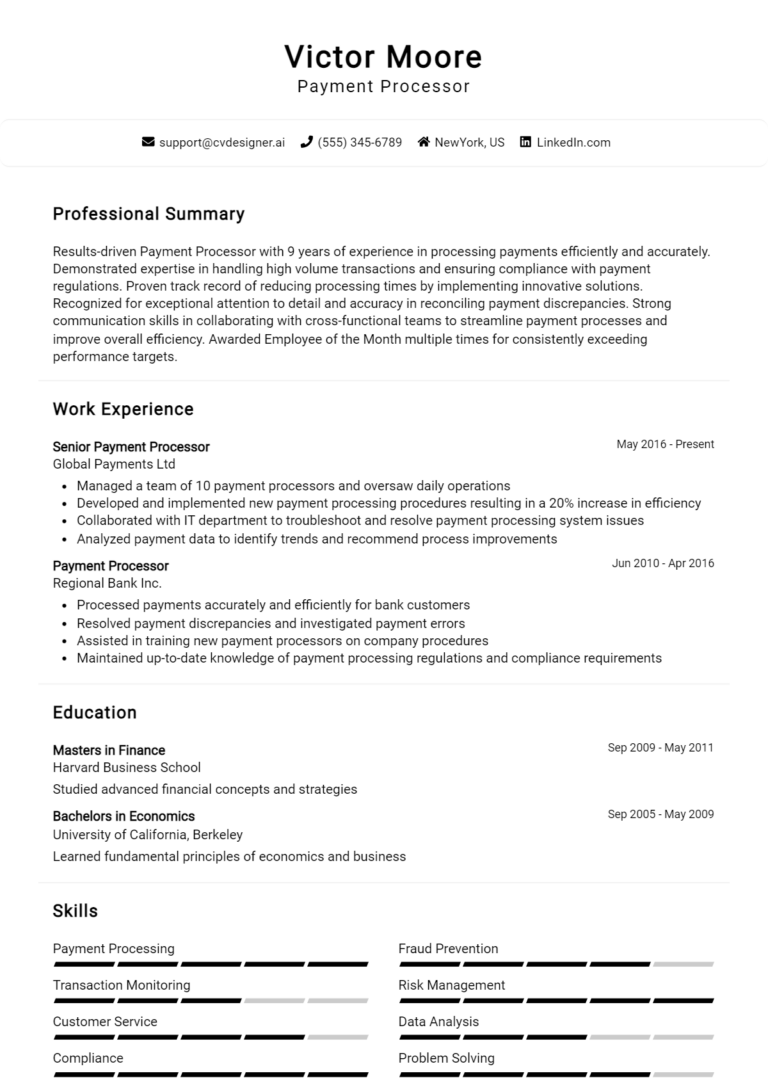Payment Processor Resume Example for 2025: Free Downloadable Templates