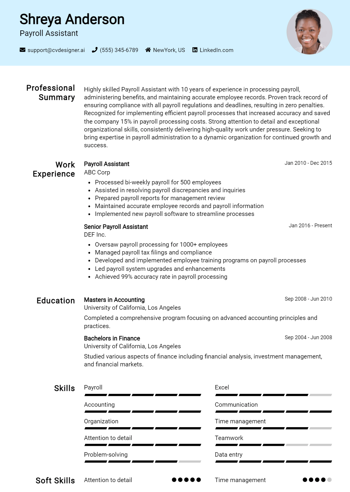 Payroll Assistant Resume Example