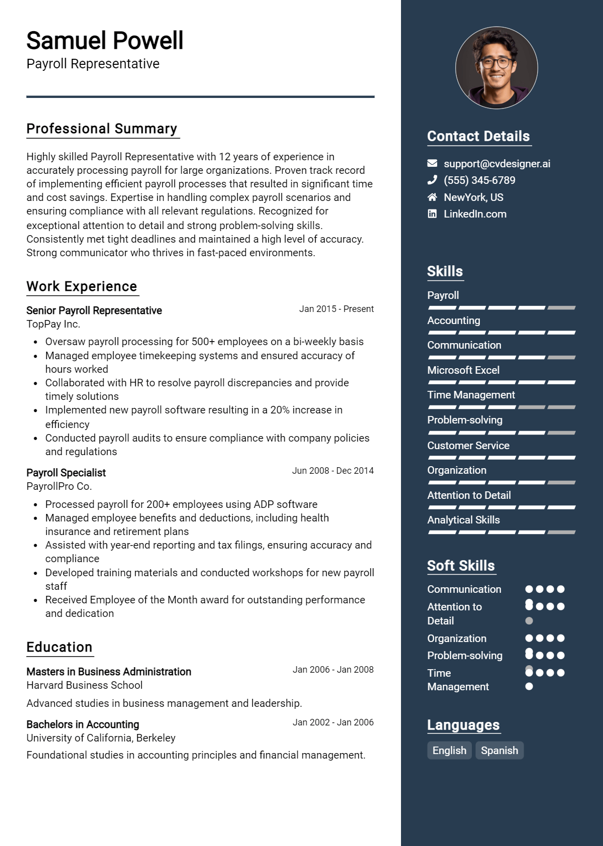 Payroll Representative Resume Example