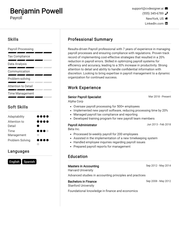 Payroll Resume Example