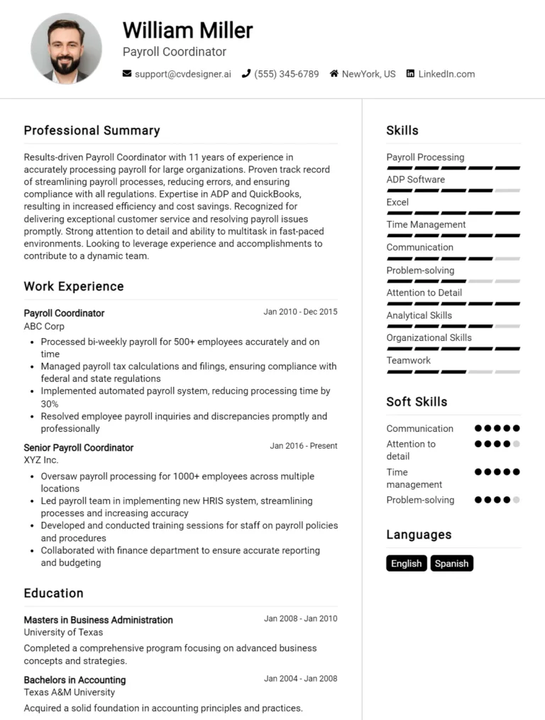 Payroll Coordinator CV Example For 2025: Expert Tips & Templates