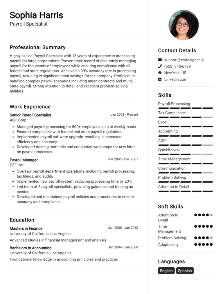 12 Payroll Specialist CV Examples And Templates For 2025