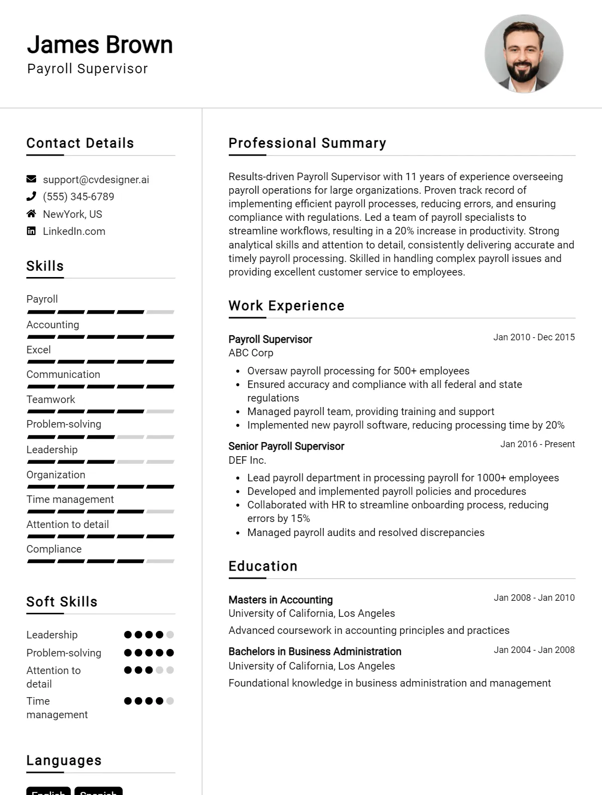 Payroll Supervisor CV Example