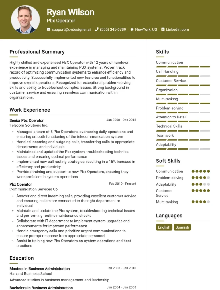 PBX Operator CV Example For 2025: How to Create a Professional CV