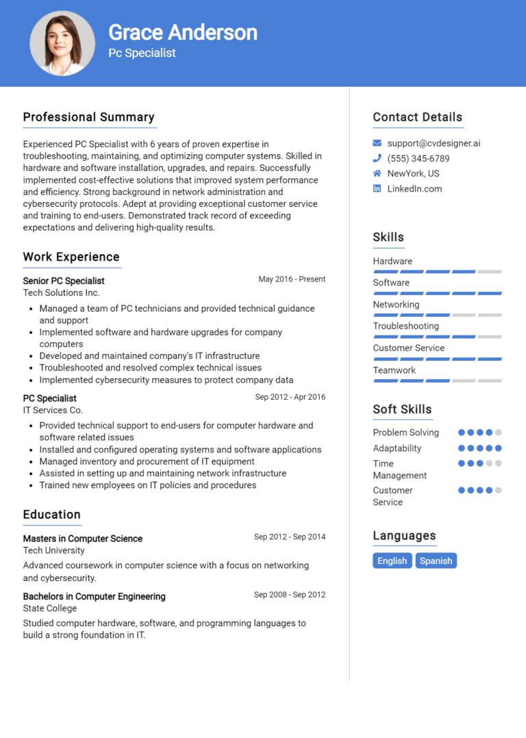 Pc Specialist Resume Example for 2025: Tips & Templates