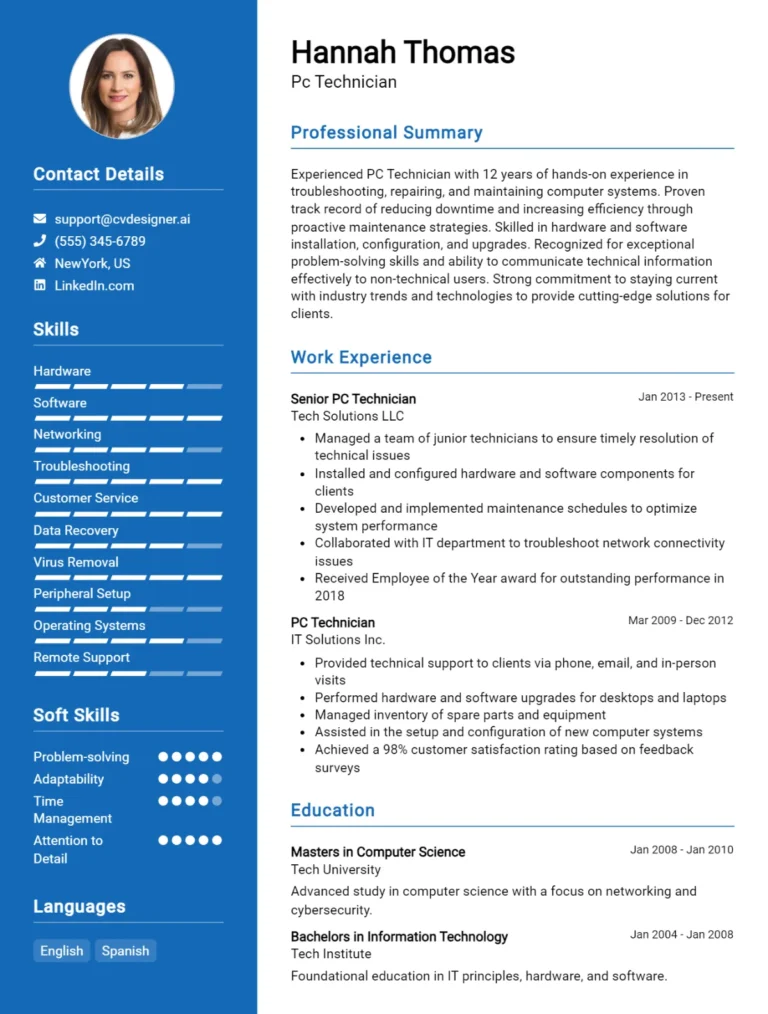 PC Technician CV Example For 2025: Best Formatting Tips