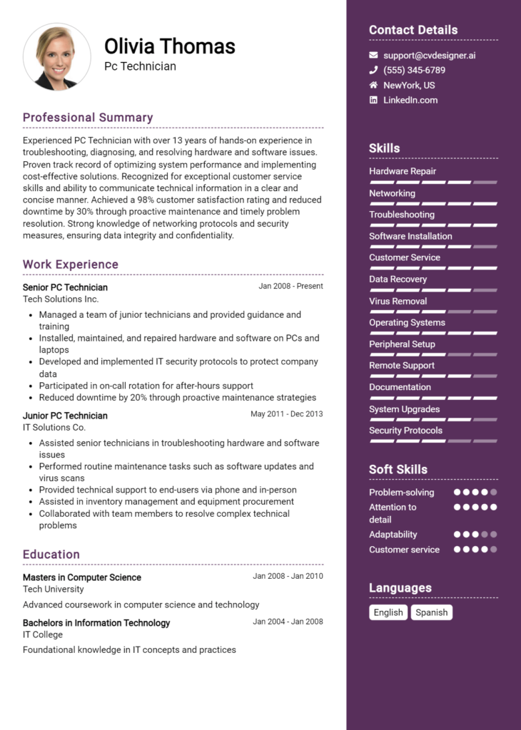 Pc Technician Resume Example for 2024: Free Examples - CVDesigner.ai