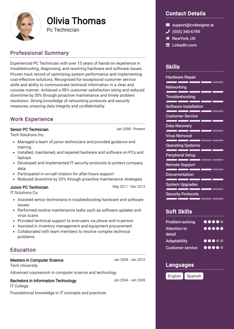 Pc Technician Resume Example for 2025: Free Examples