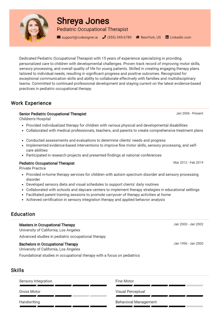 Pediatric Occupational Therapist Resume Example for 2024: Top Templates ...