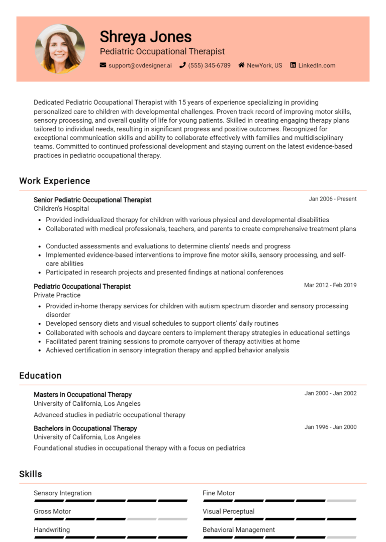 Pediatric Occupational Therapist Resume Example for 2025: Top Templates