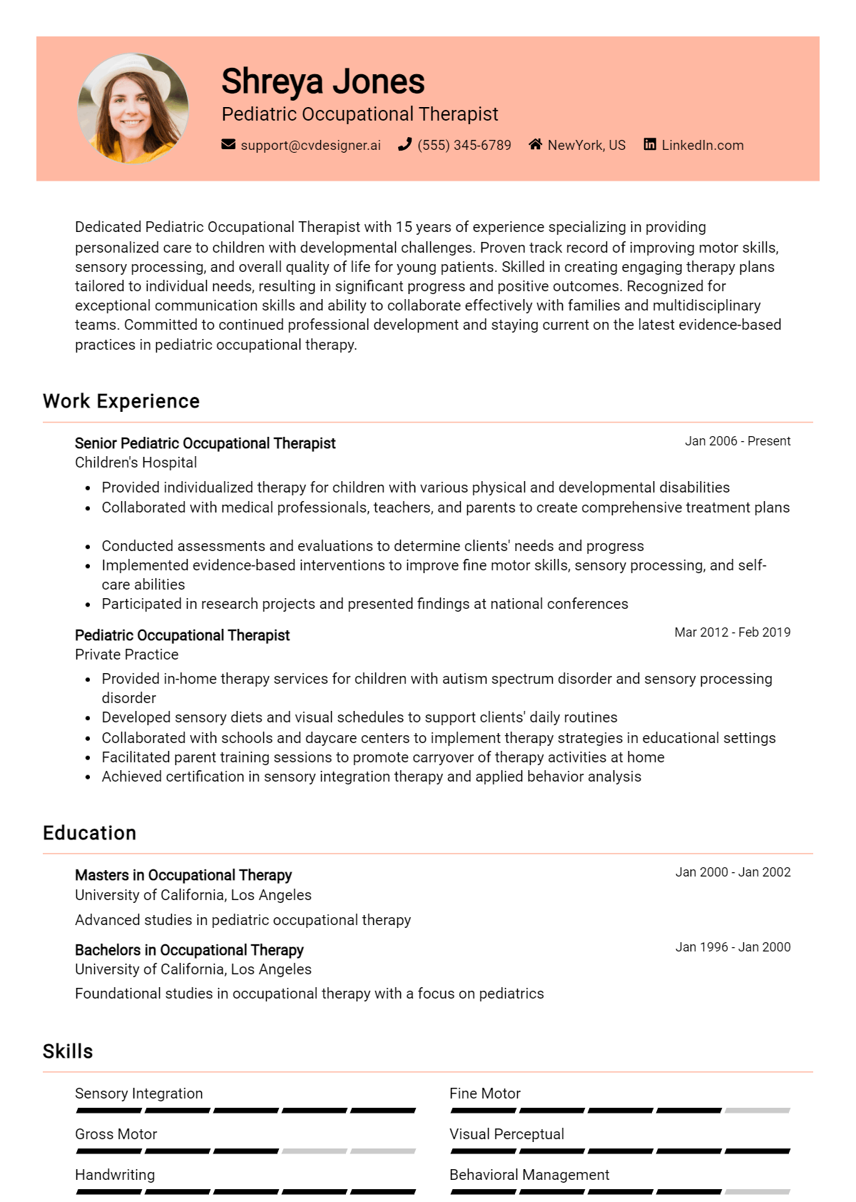 Pediatric Occupational Therapist Resume Example