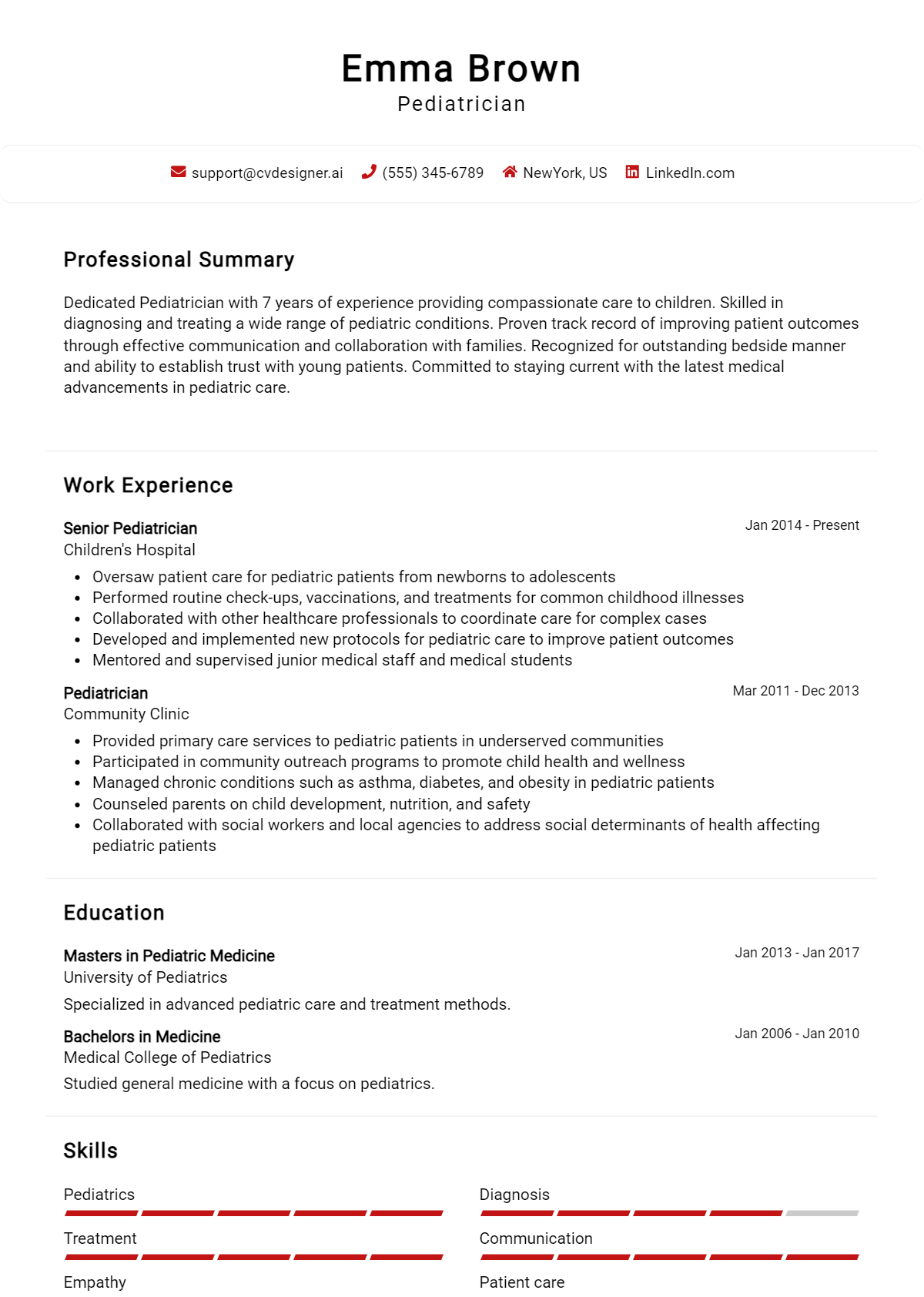 Pediatrician Resume Example