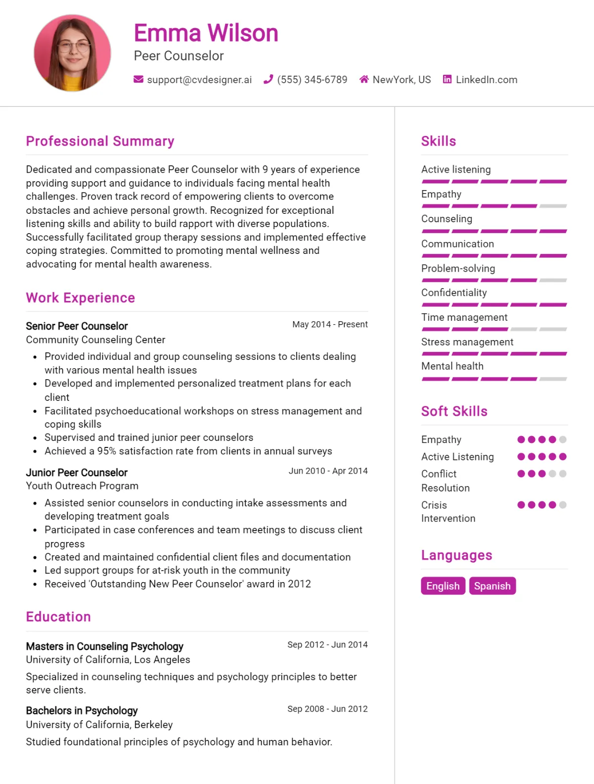 Peer Counselor CV Example