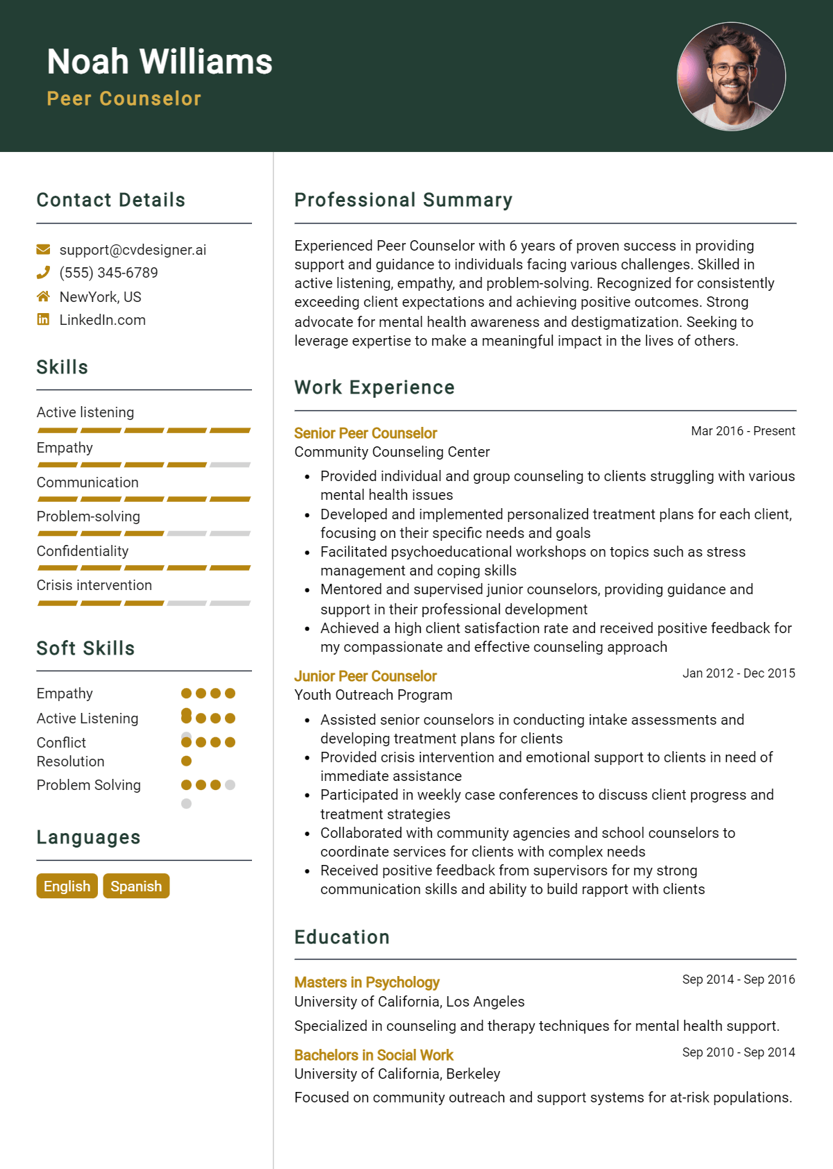 Peer Counselor Resume Example
