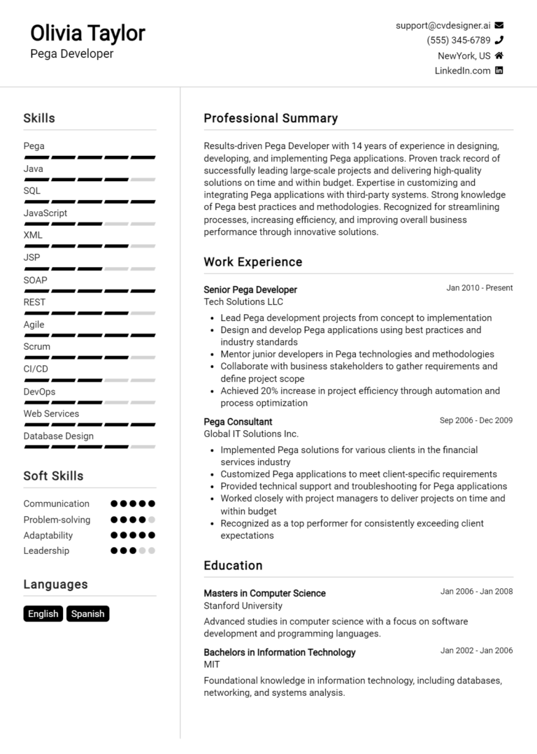 Pega Developer Resume Example for 2025: Downloadable Templates