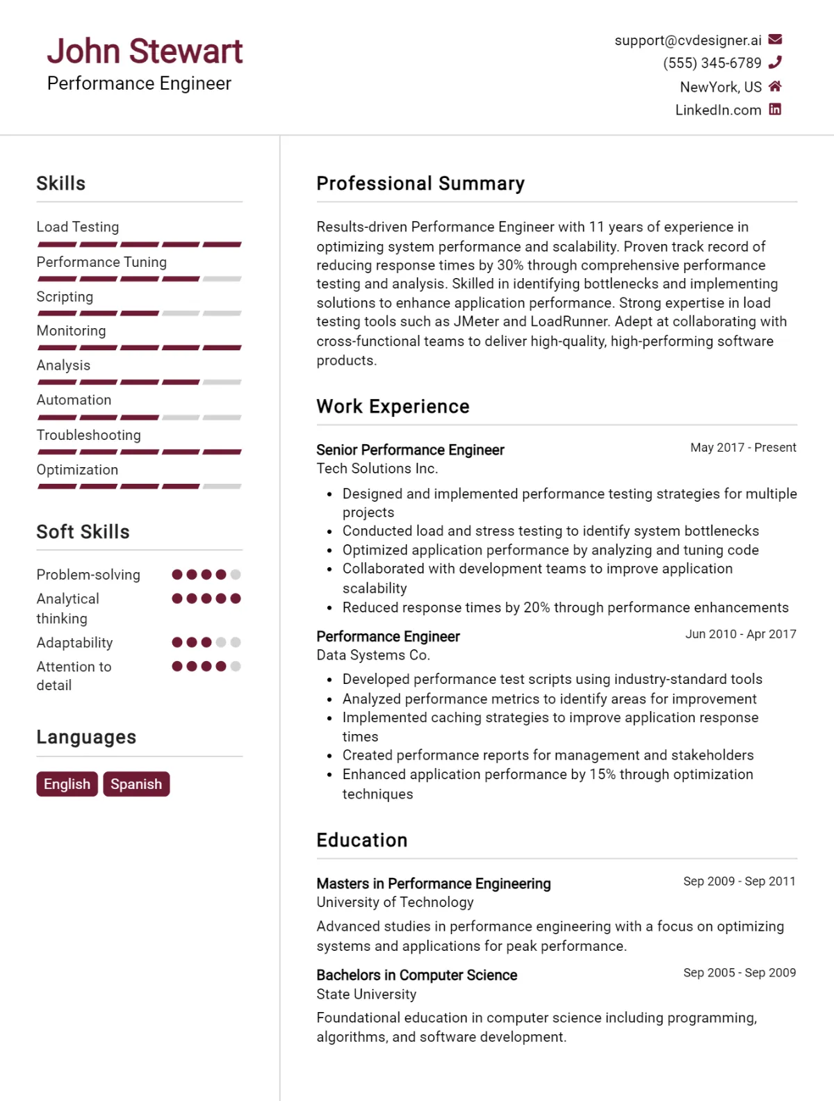 Performance Engineer CV Example