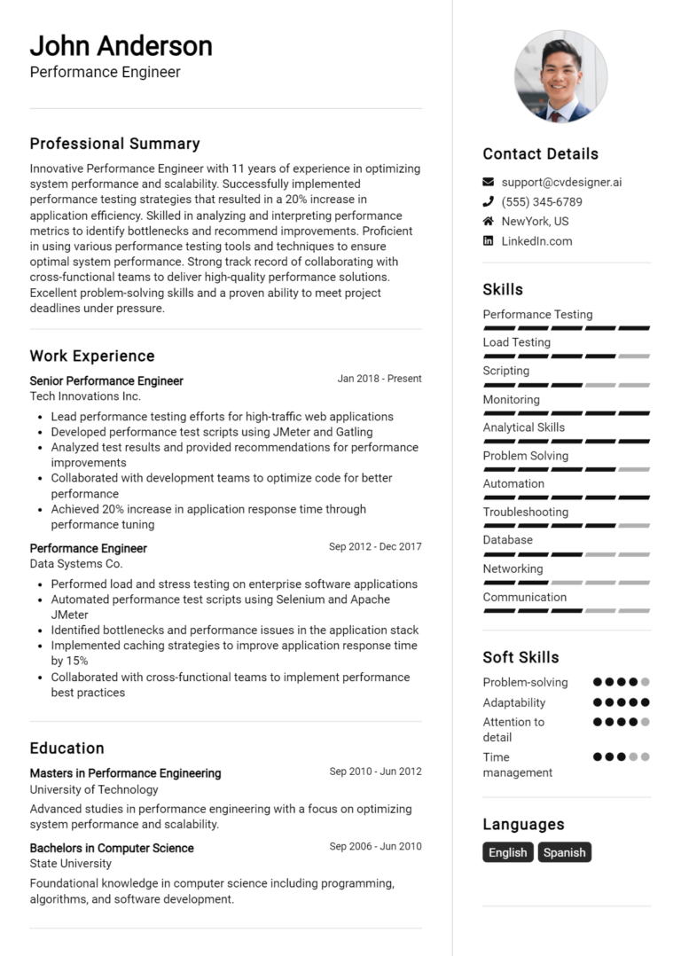 Performance Engineer Resume Example for 2025: Effective CV Writing Tips