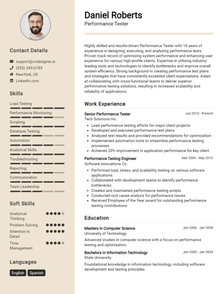 Performance Tester CV Example For 2025: Samples & Best Practices
