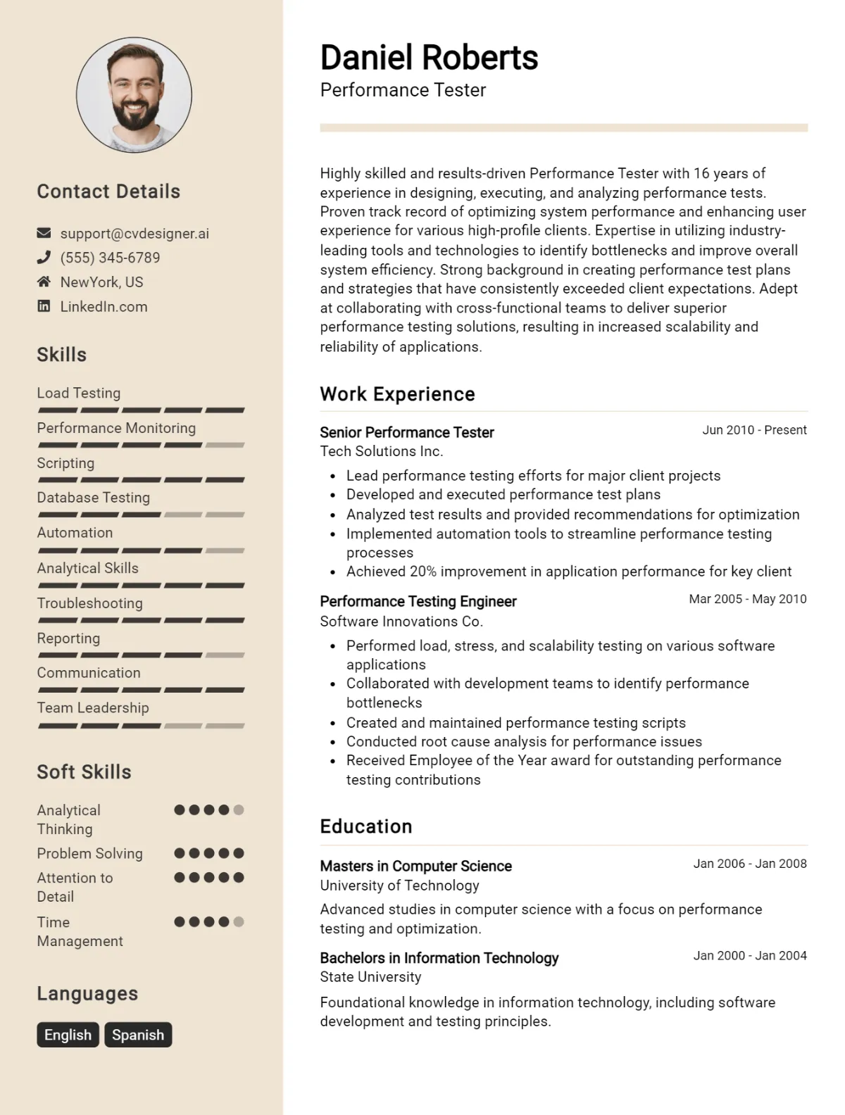 Performance Tester CV Example