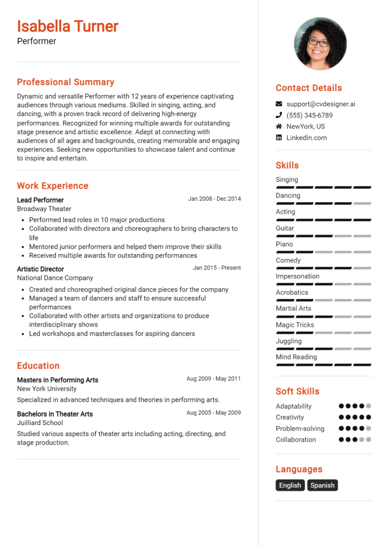 Performer Resume Example for 2025: Free Templates