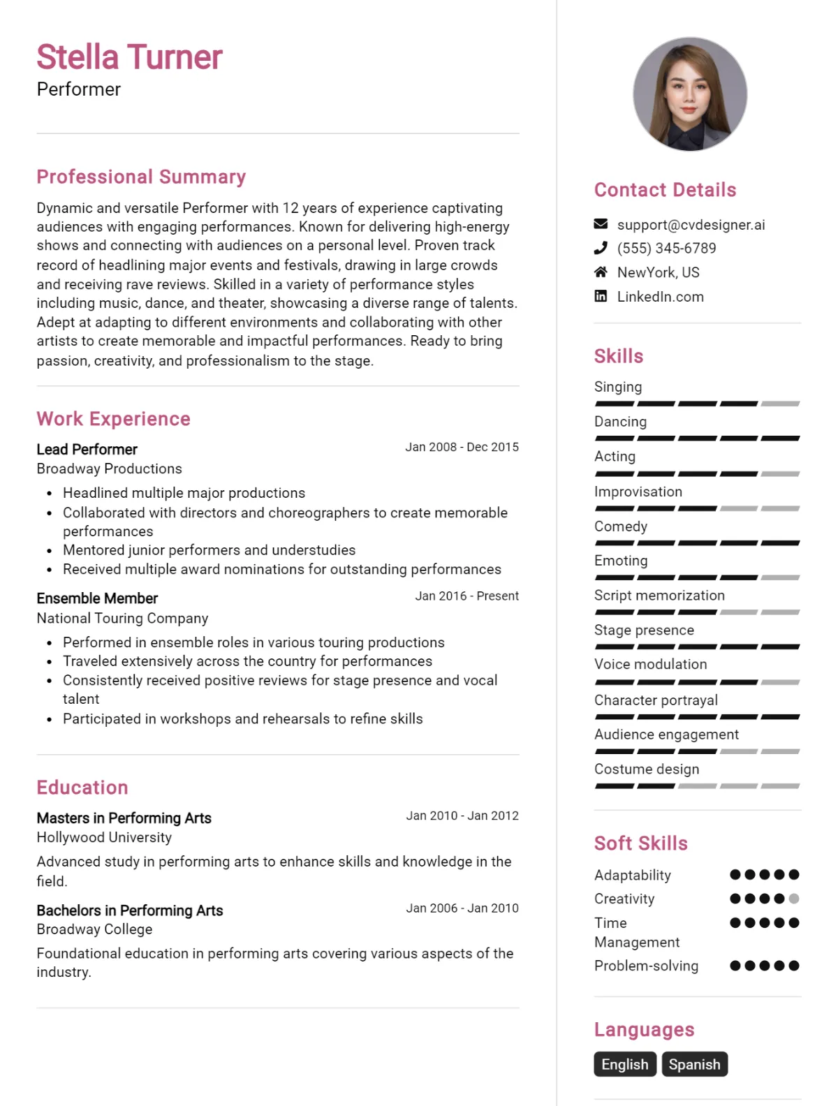 Performer CV Example