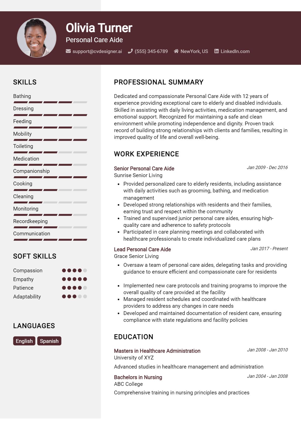 Personal Care Aide Resume Example