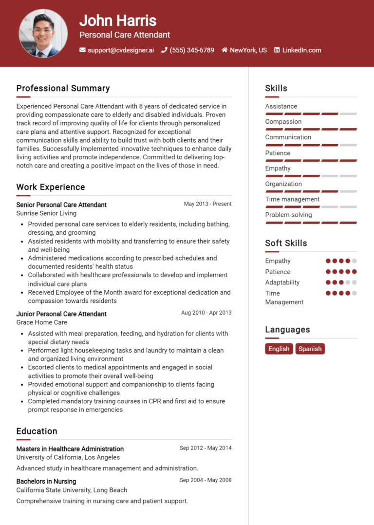 Personal Care Attendant Resume Example for 2025: Strategies & Templates